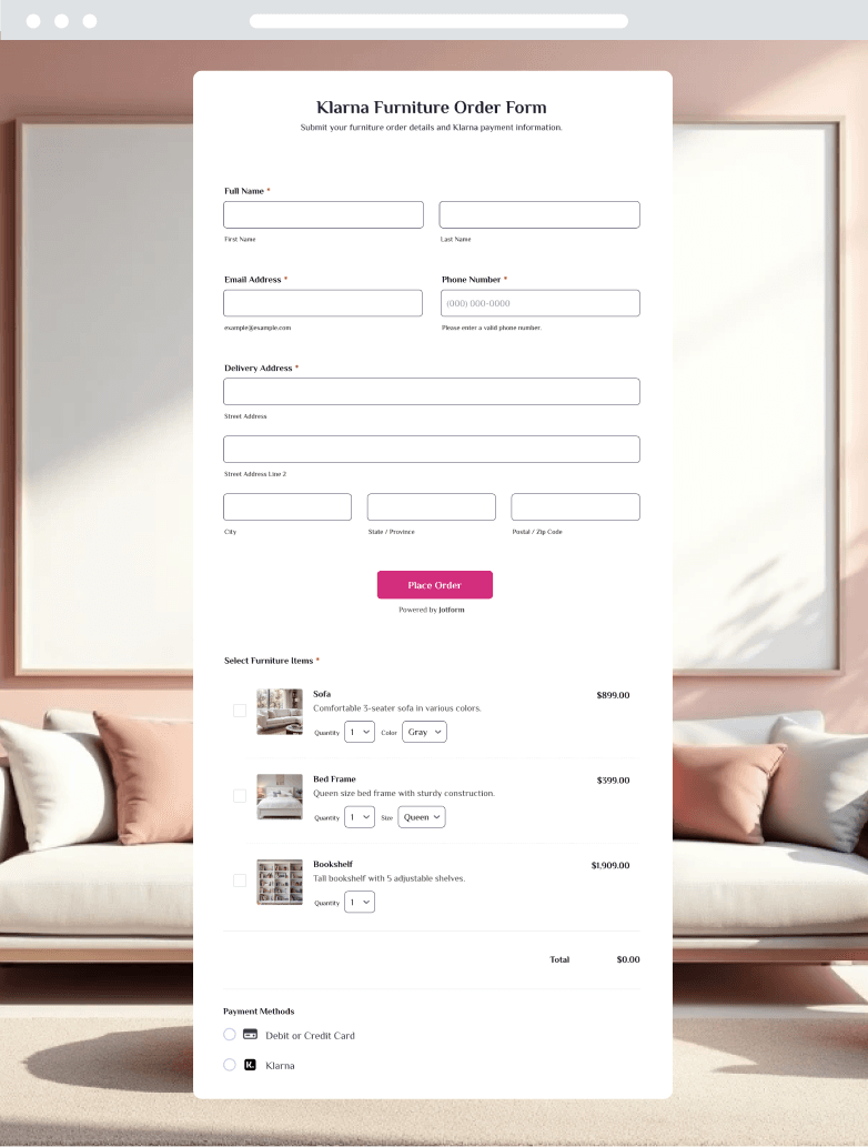 Klarna Furniture Order Form