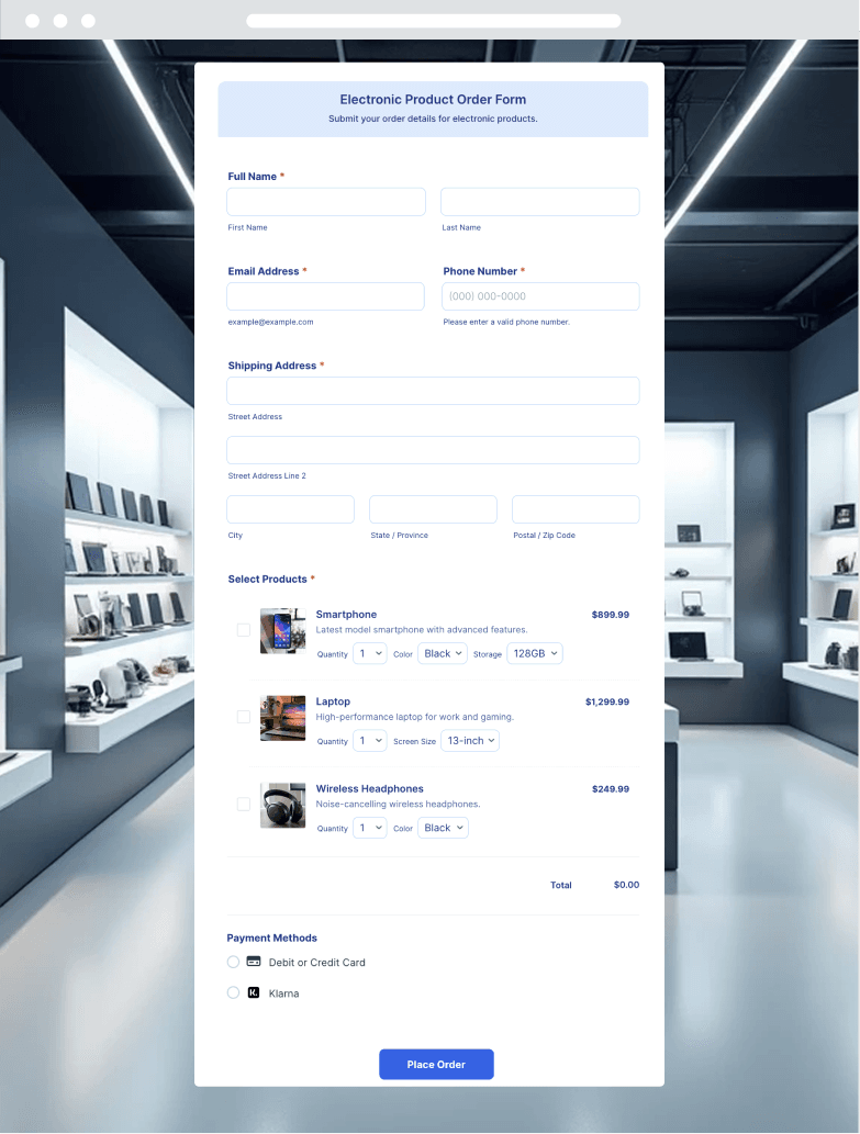 Electronic Product Order Form