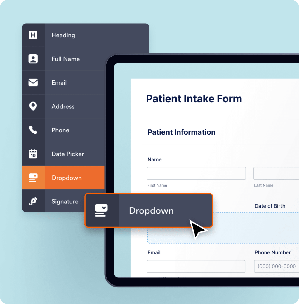 Drag and drop form elements like dropdowns to easily build your patient intake form.