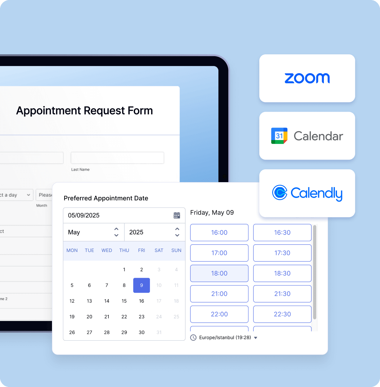 Let patients book appointments with integrated calendar tools like Zoom, Google, and Calendly.