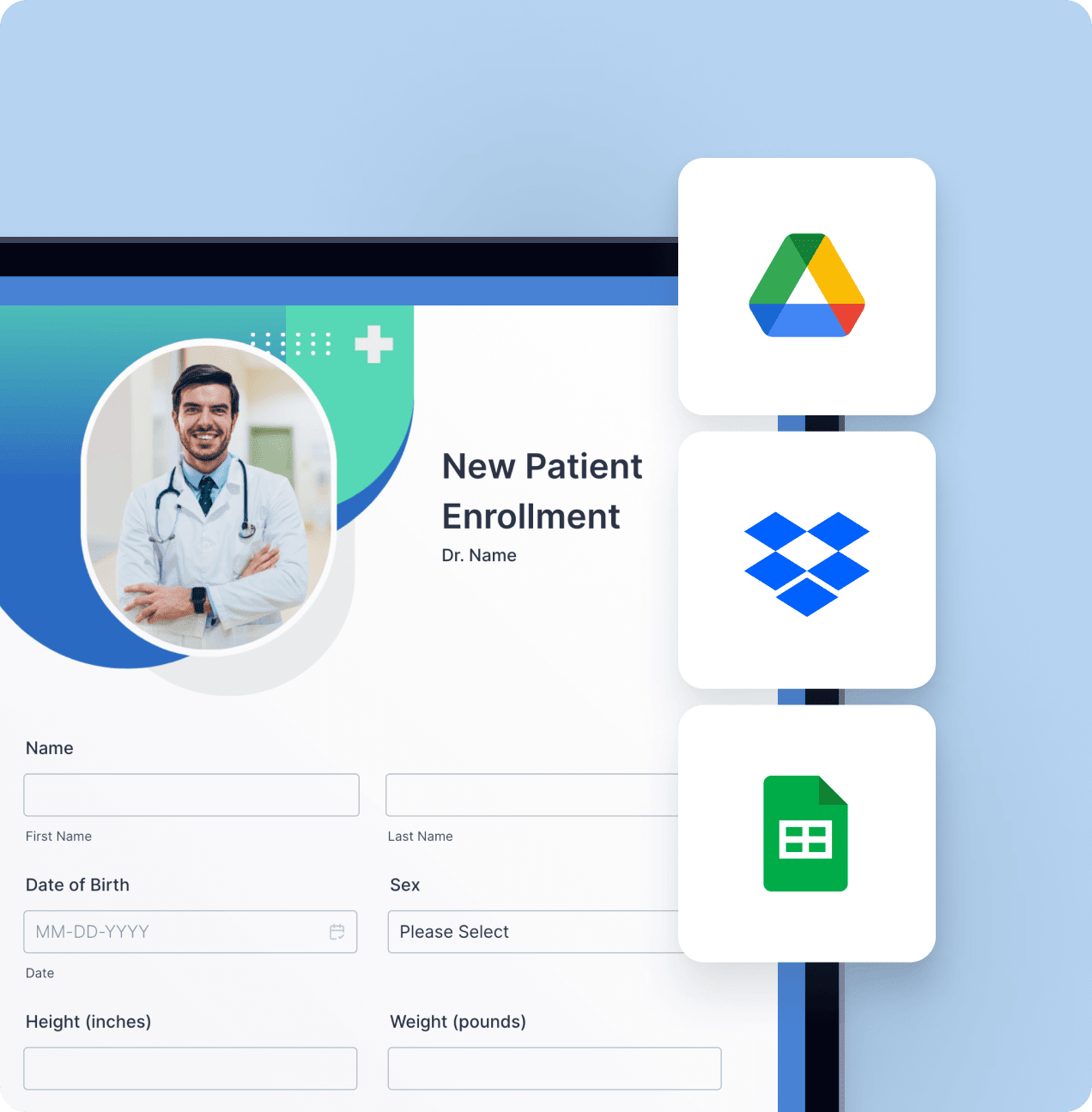 Sync patient data with Google Drive, Dropbox, or Google Sheets in real time.