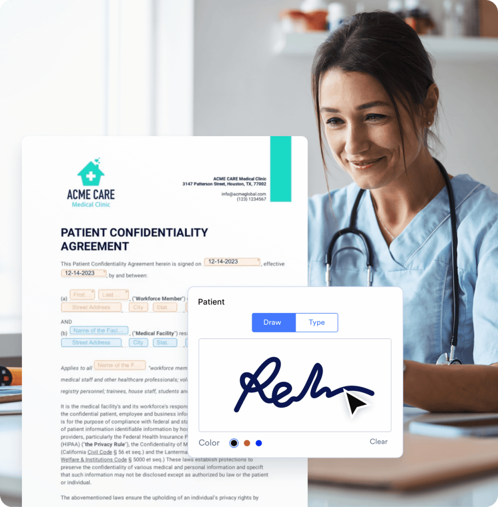 Easily collect legally binding e-signatures on patient confidentiality agreements and forms.
