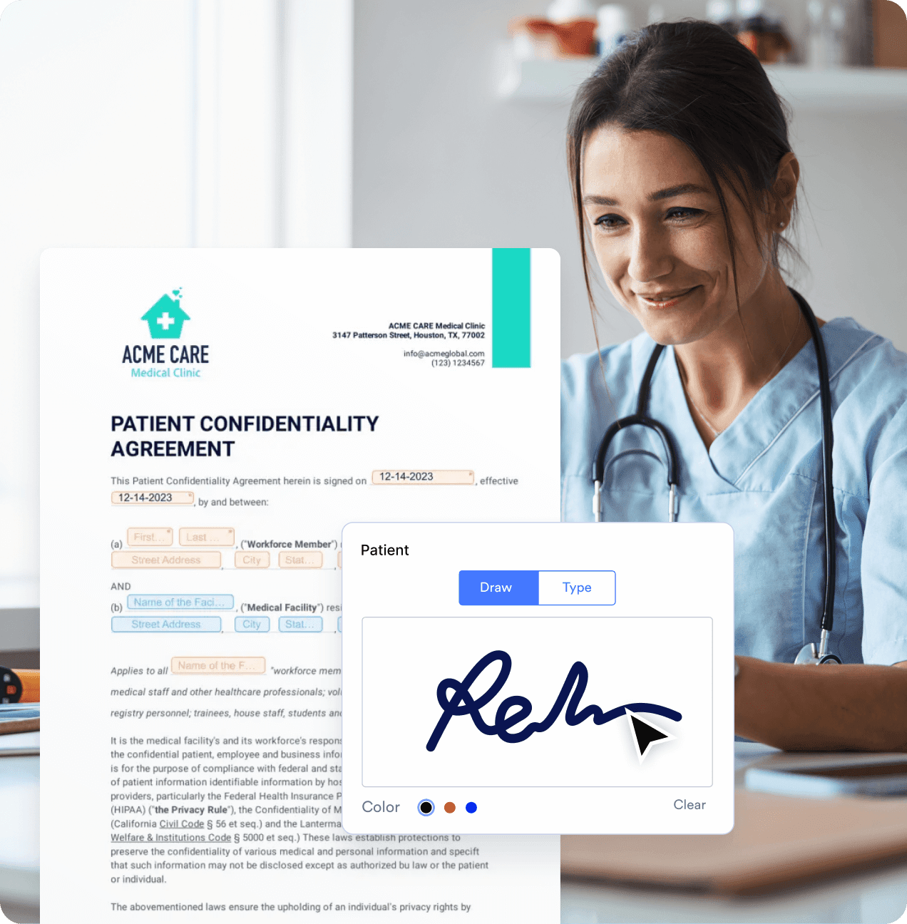 Easily collect legally binding e-signatures on patient confidentiality agreements and forms.