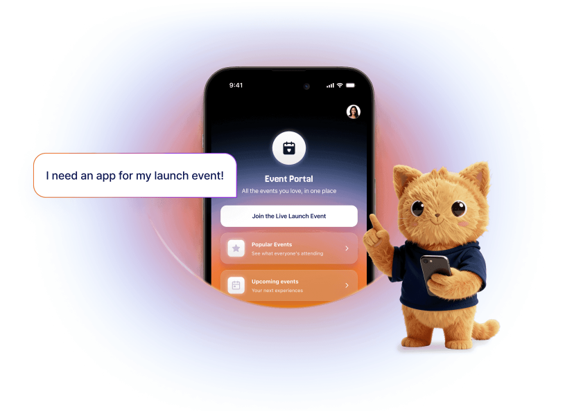 Podo mascot requesting a launch event app beside a mobile event portal interface.