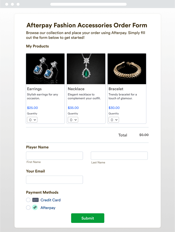 Afterpay Fashion Accessories Order Form