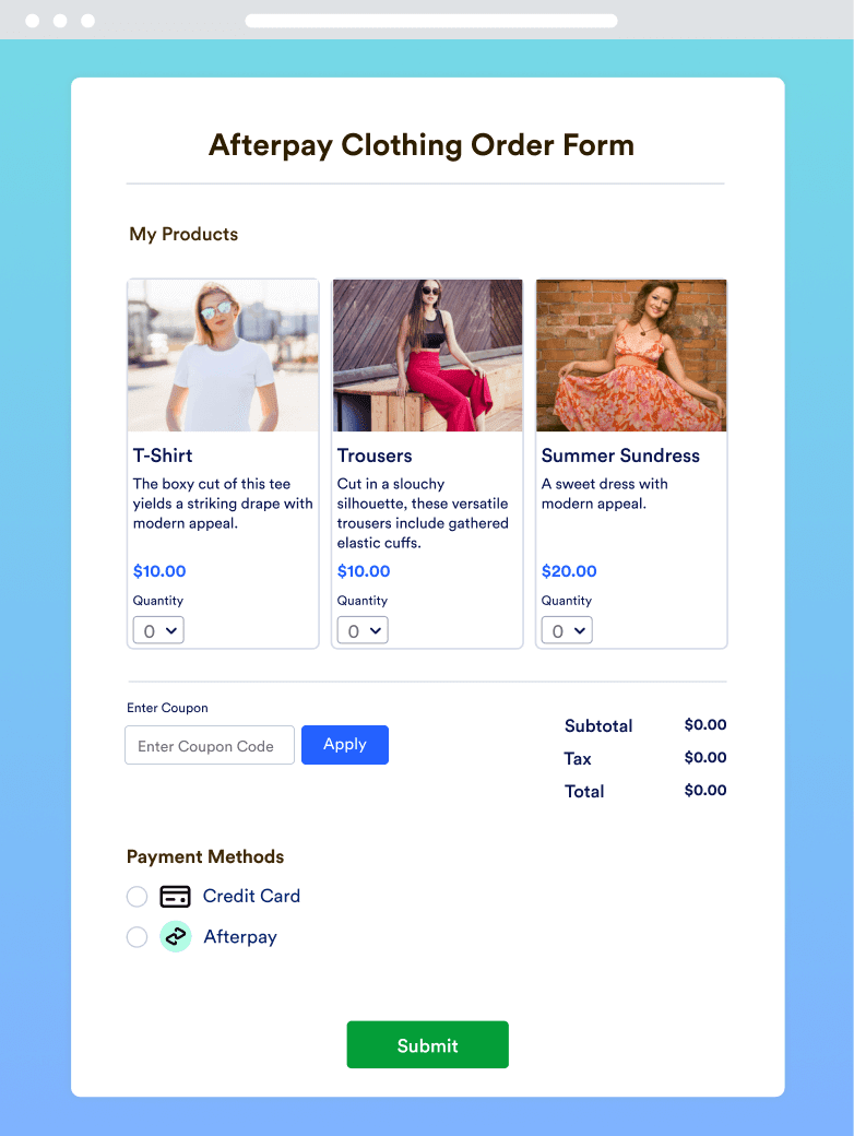 Afterpay Clothing Order Form