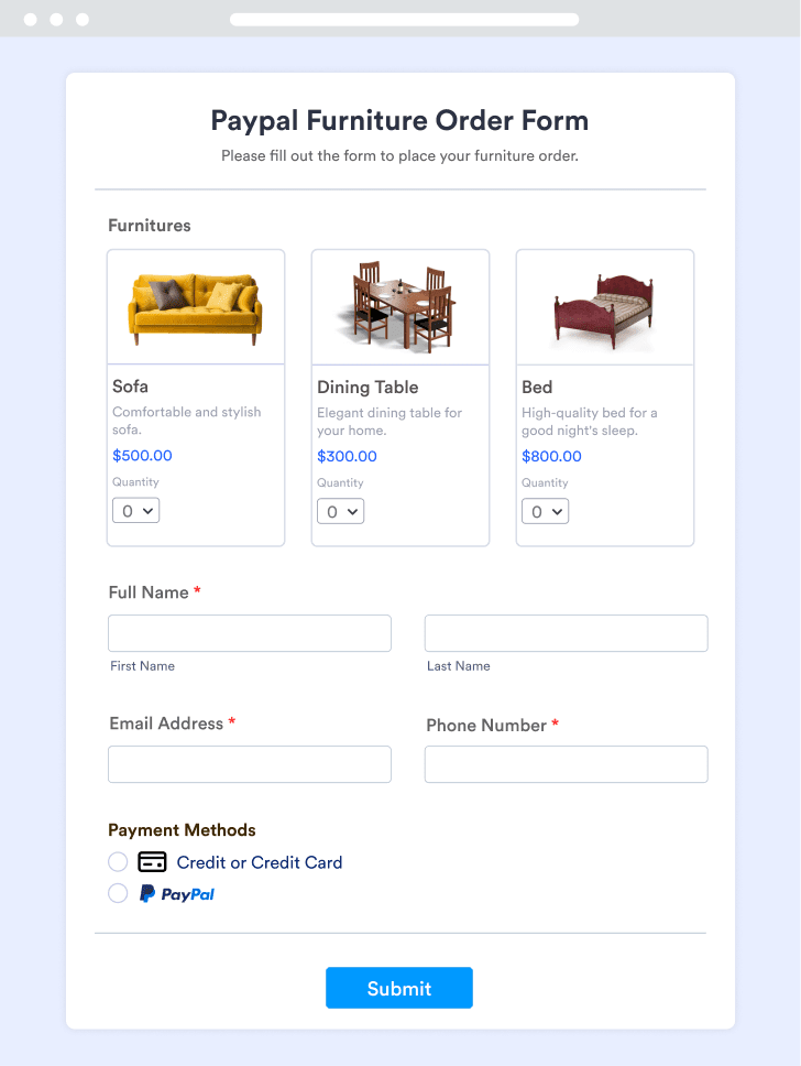 Paypal Furniture Order