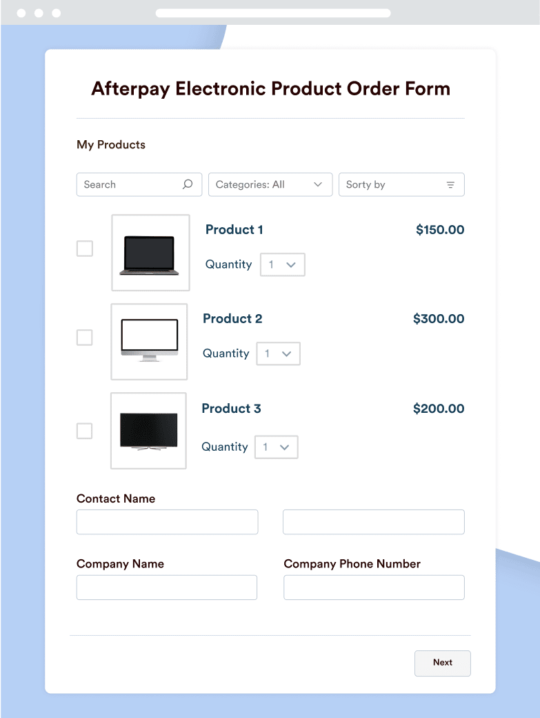 Afterpay Electronic Product Order Form