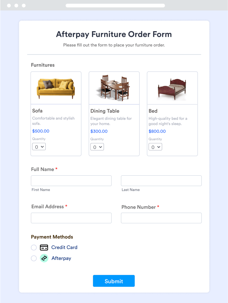 Afterpay Furniture Order Form