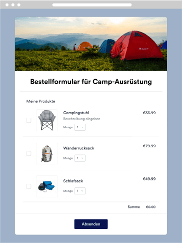 Bestellformular für Camp-Ausrüstung
