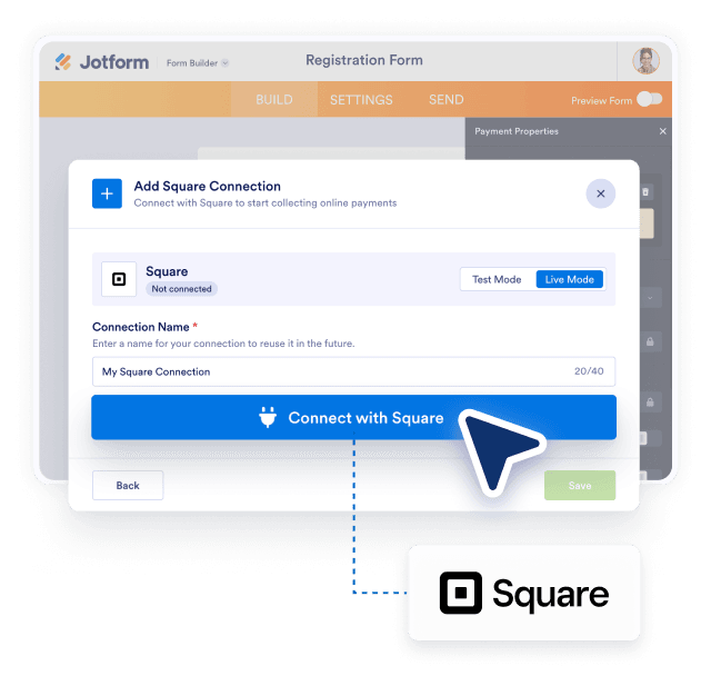 Jotform Add Square Connection modal with Connect with Square button