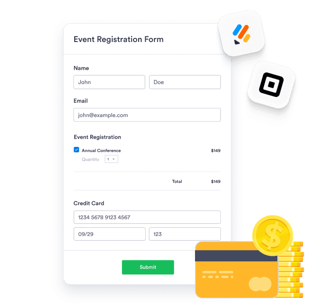 Event registration form with credit card payment and Submit button