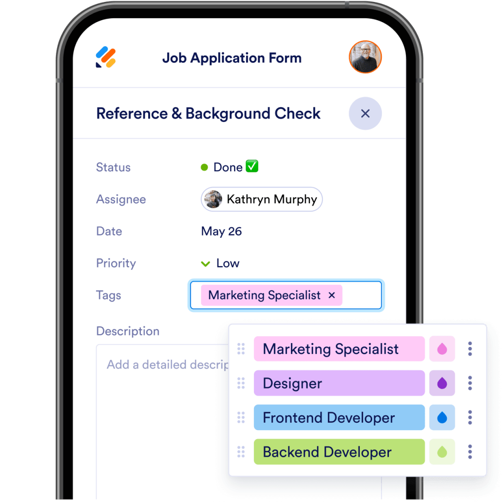 Job application form example and tag option has been highlighted