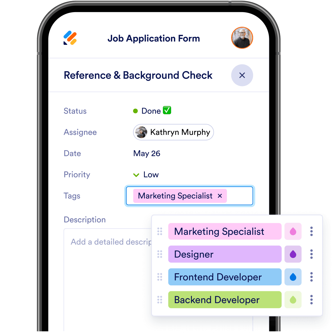Job application form example and tag option has been highlighted
