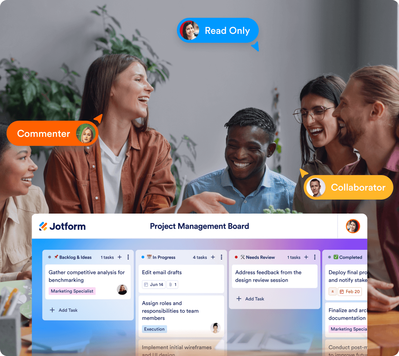 Project management board example front and next that there are people talking with each other