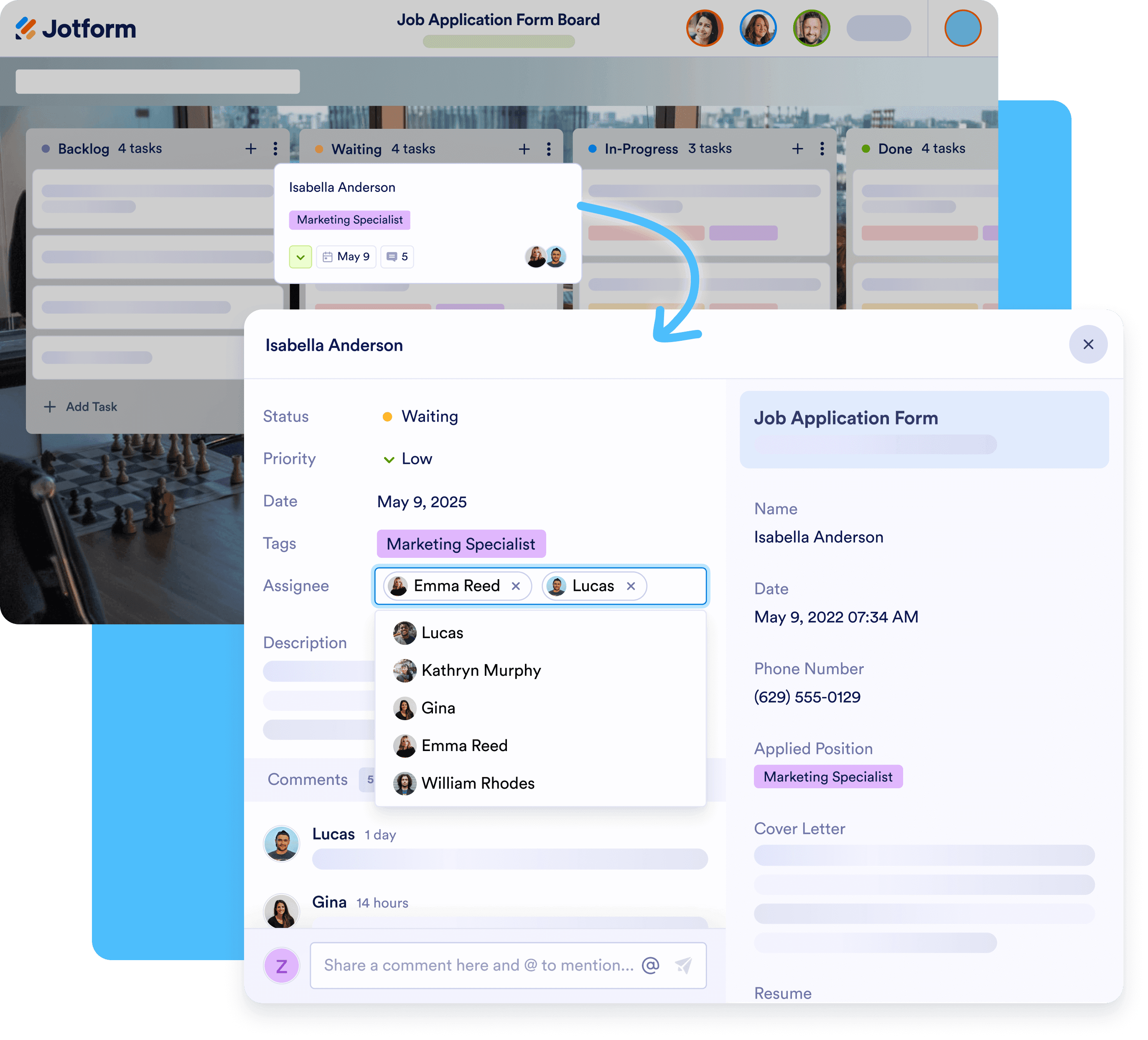 Job application form board and in front of it, the assignee option highlighted