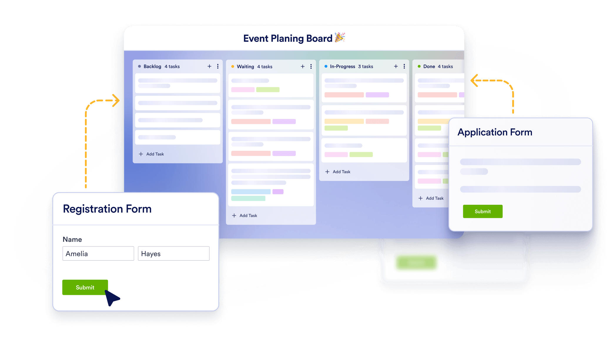 Event planning board next registration and application form around it to show the ability of managing multiple forms