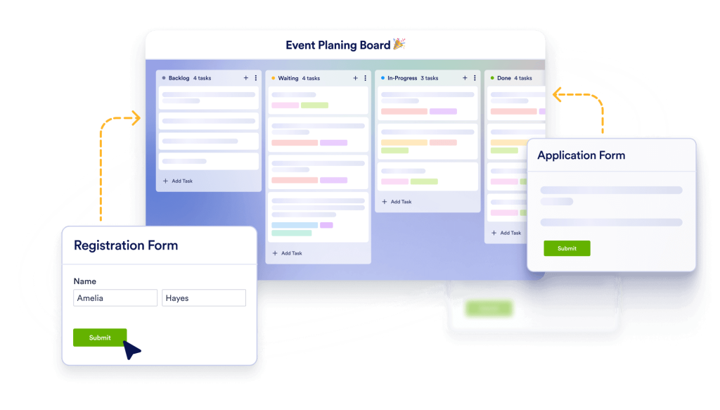 Event planning board next registration and application form around it to show the ability of managing multiple forms