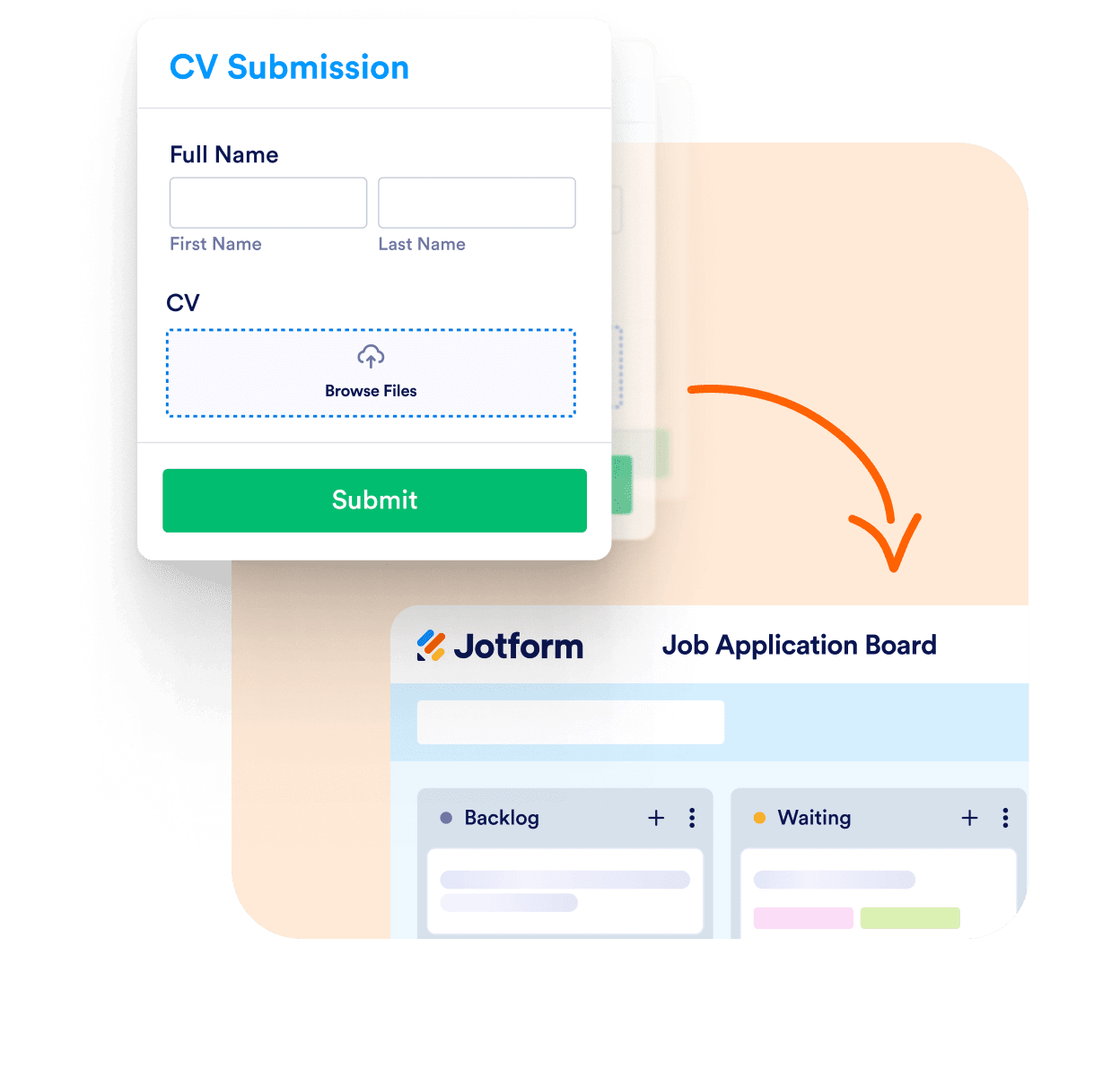 cv submission form submission flow shown and below it there is job application board