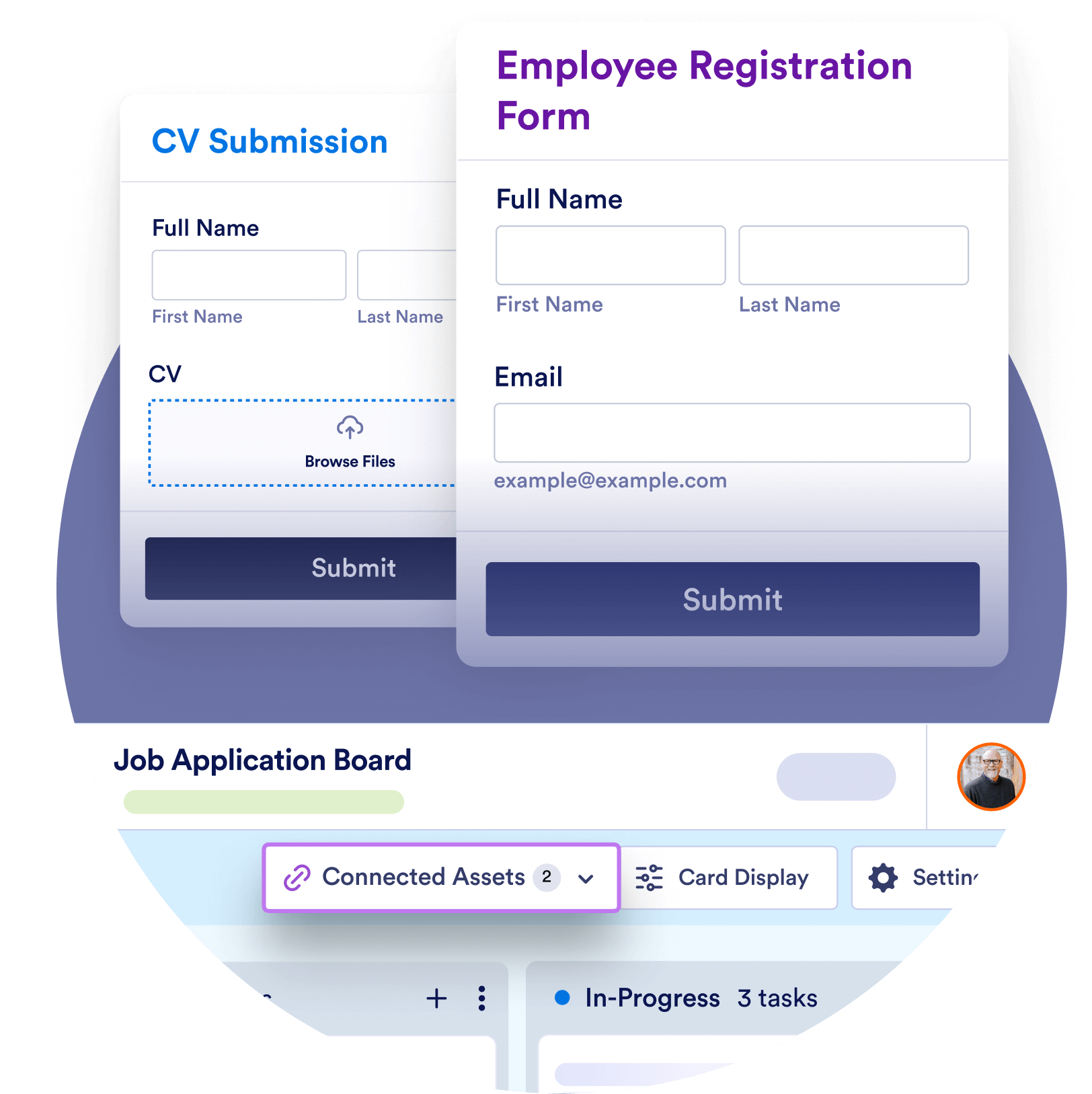 Asset connection option has shown with 2 example forms about job application process