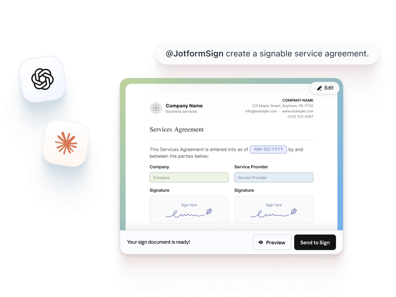 Jotform Sign turns a prompt in ChatGPT or Claude into a service agreement ready for e-signature