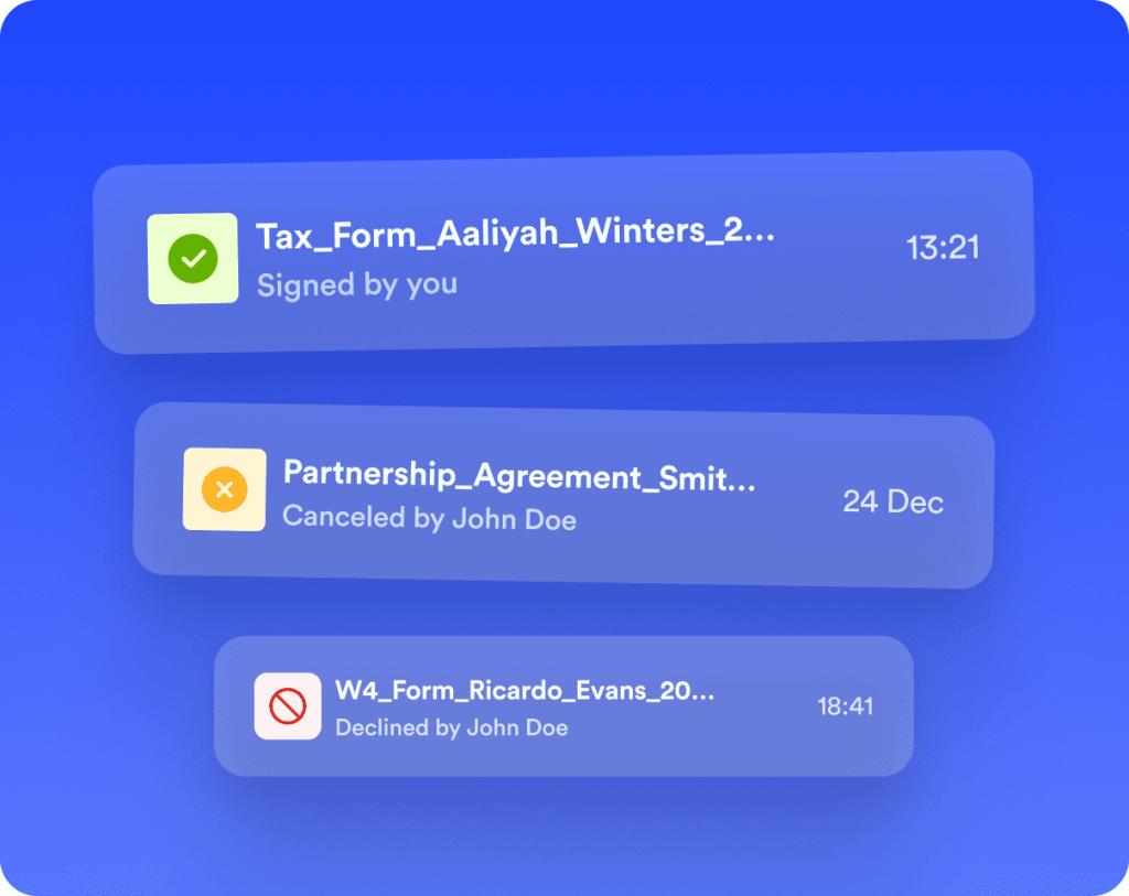 Jform Sign document statuses: signed, canceled, and declined.