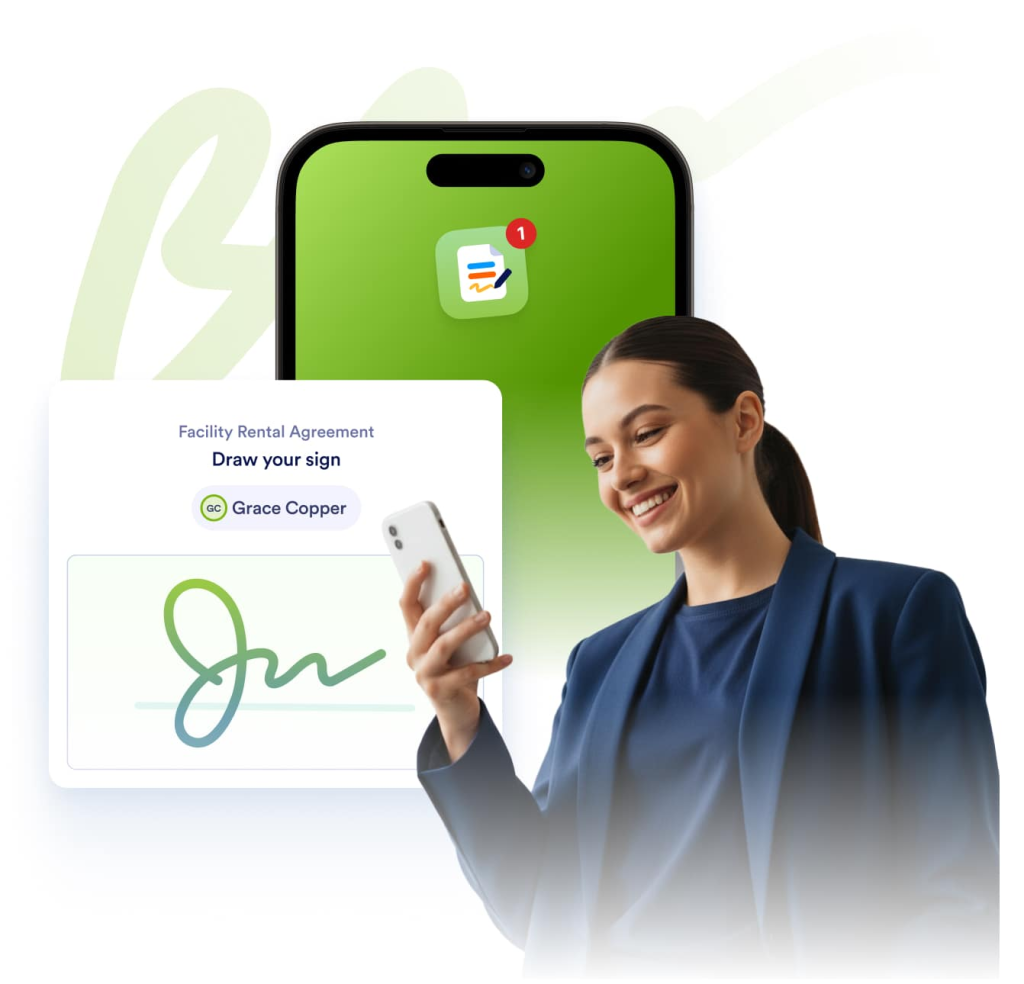 Smiling man signing a Facility Rental Agreement on his phone using Jform Sign.