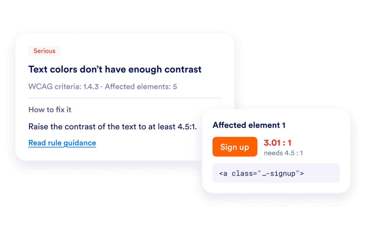 An expanded accessibility finding with check details, fix guidance, and an HTML preview beside review and passed results.