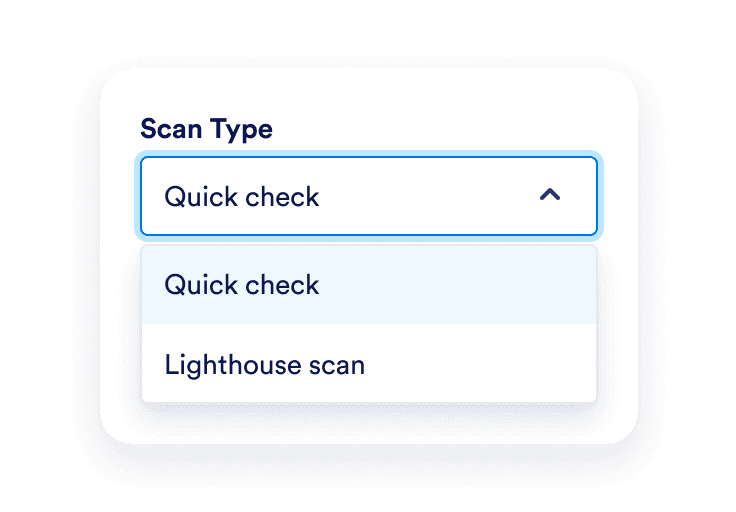 The Quick check button dropdown with Quick check and Lighthouse scan options.