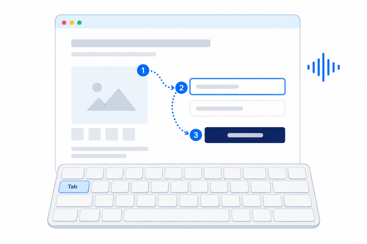 A keyboard with the Tab key highlighted beneath a webpage showing focus order between interactive elements.