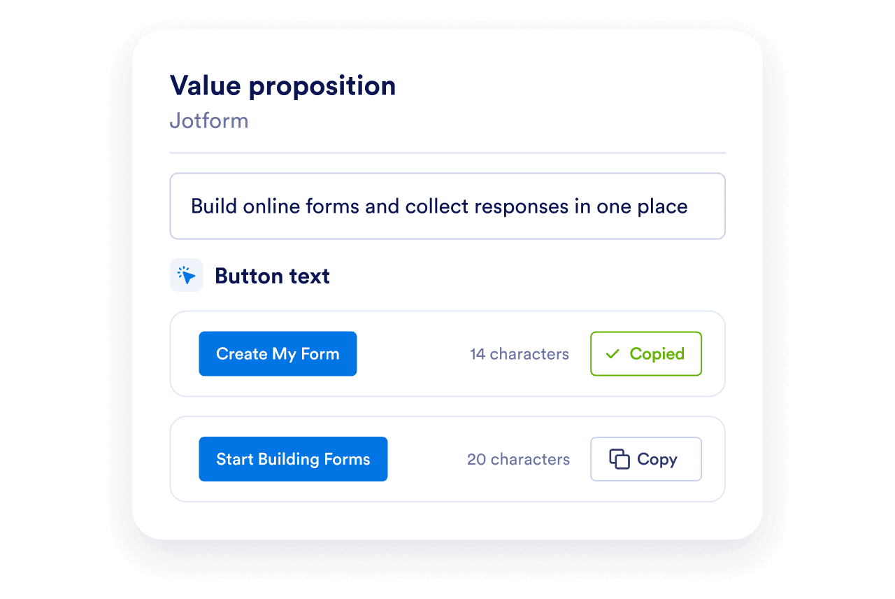Jotform’s value proposition used to generate Create My Form and Start Building Forms button text.