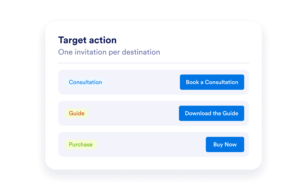 Consultation, guide download, and purchase actions paired with matching CTA button labels.