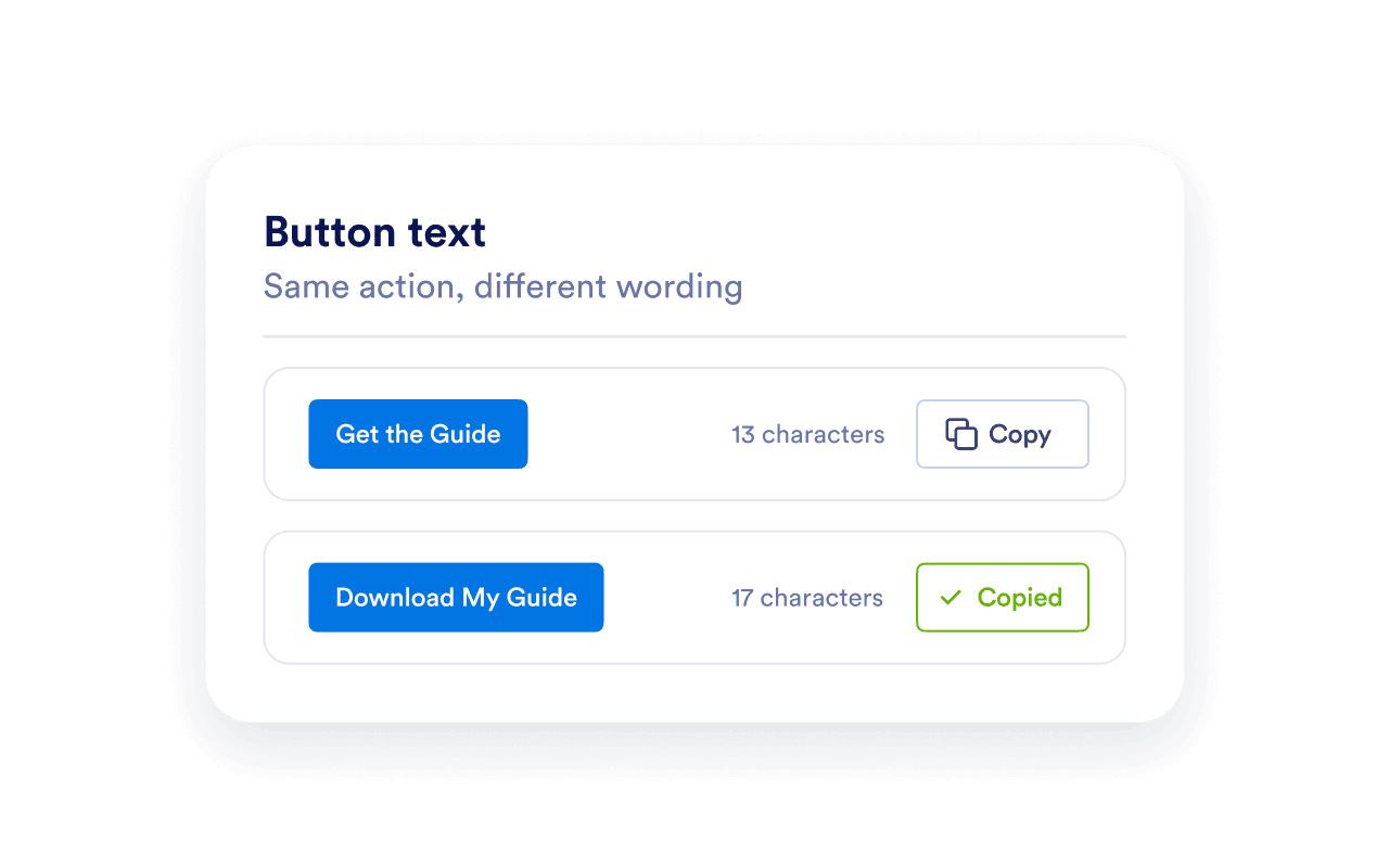 Get the Guide and Download My Guide CTA variations with character counts and copy feedback.
