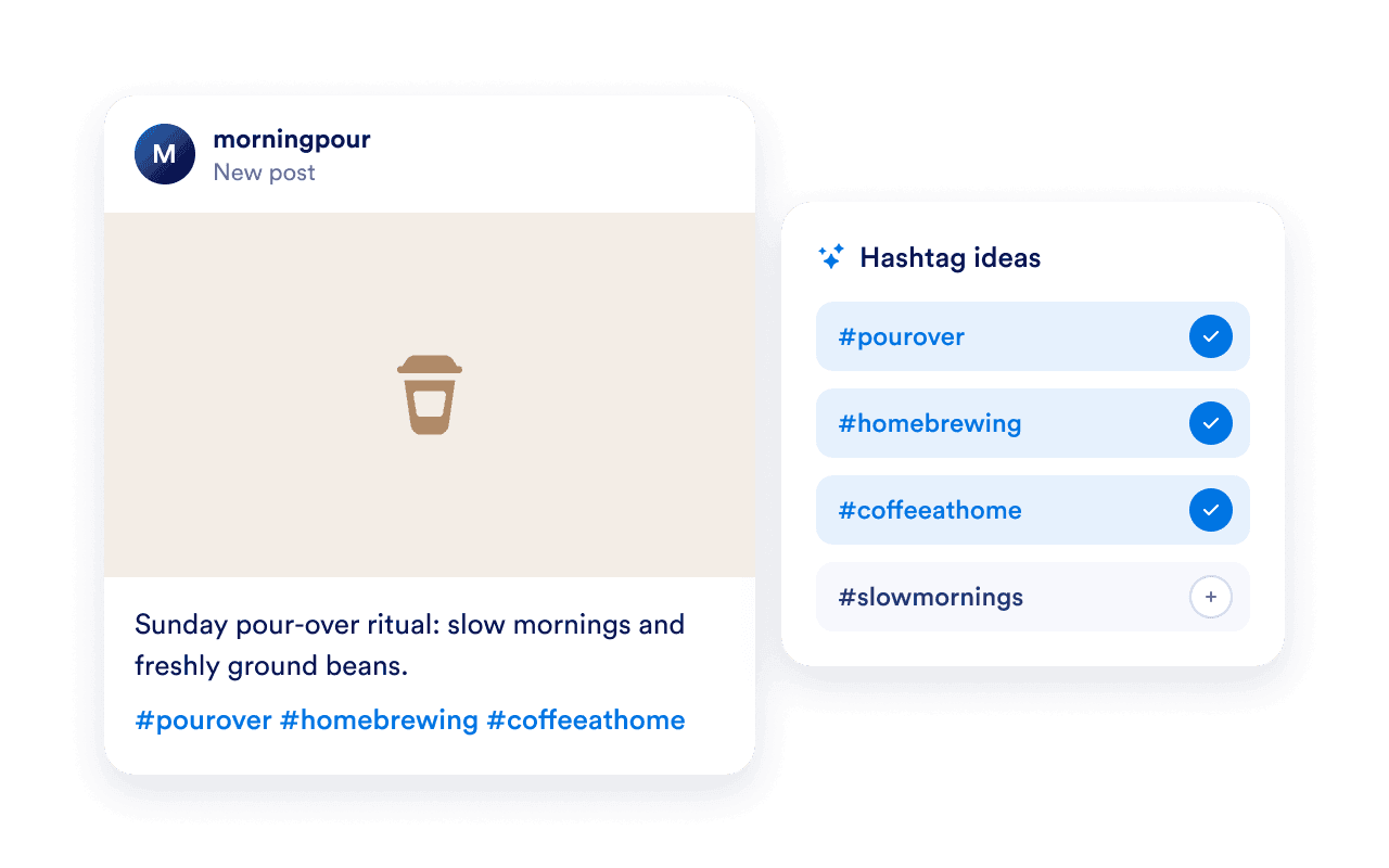 Coffee post caption with selected hashtag ideas for pour-over and home brewing