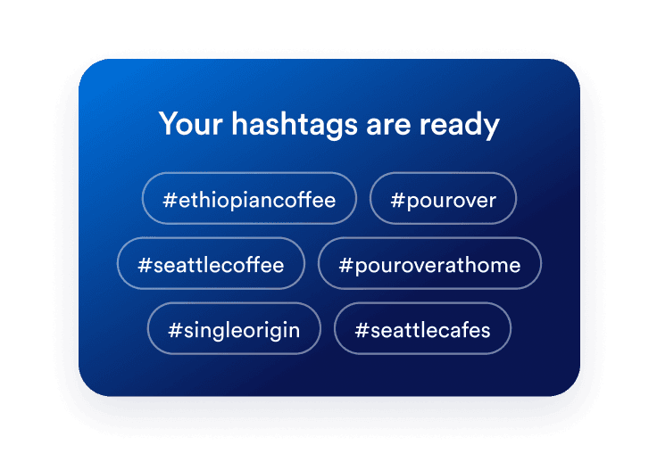 Generated hashtag suggestions for coffee posts, including #ethiopiancoffee and #pourover