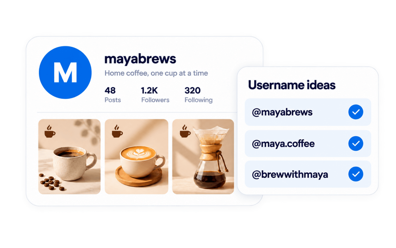 Coffee creator profile next to a list of username ideas including mayabrews and maya.coffee