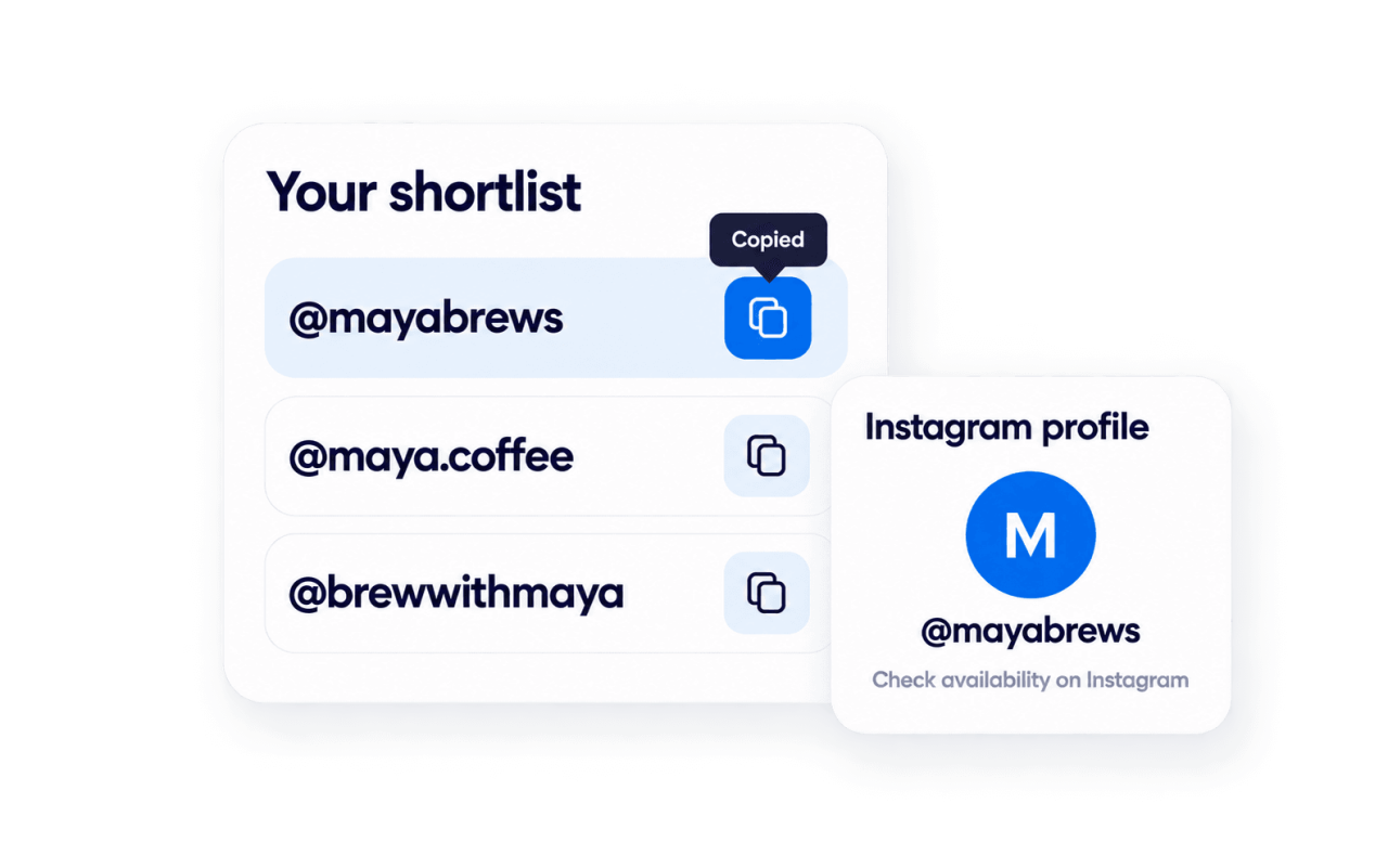 A username shortlist with individual copy controls and a reminder to check availability on Instagram