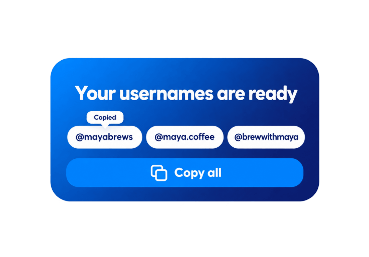 Instagram username suggestions with a Copied tooltip and Copy all button