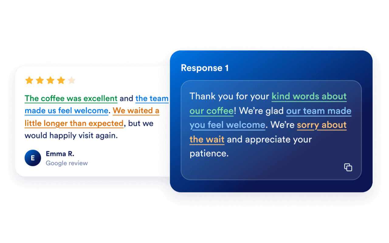 A customer review about friendly service beside a personalized business reply acknowledging the feedback.