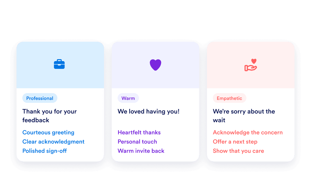 Professional, warm, and empathetic tone choices surrounding a review response draft.