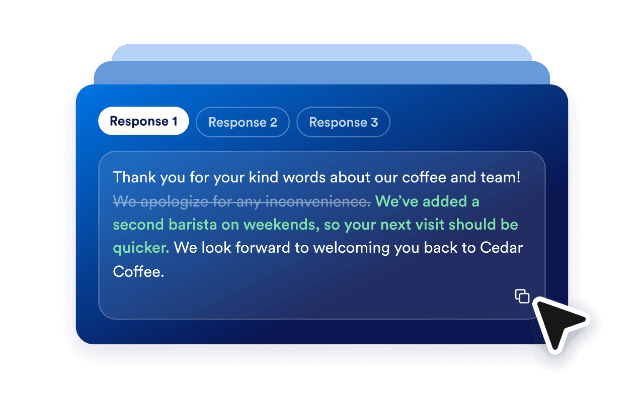 Three review response cards with one edited reply selected and copied.