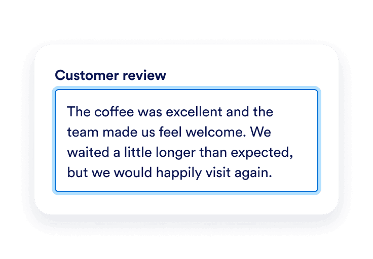 A five-star customer review praising the coffee and friendly service copied into the Customer review field.
