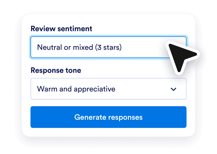 Positive review sentiment and a warm and appreciative response tone selected above the Generate responses button.