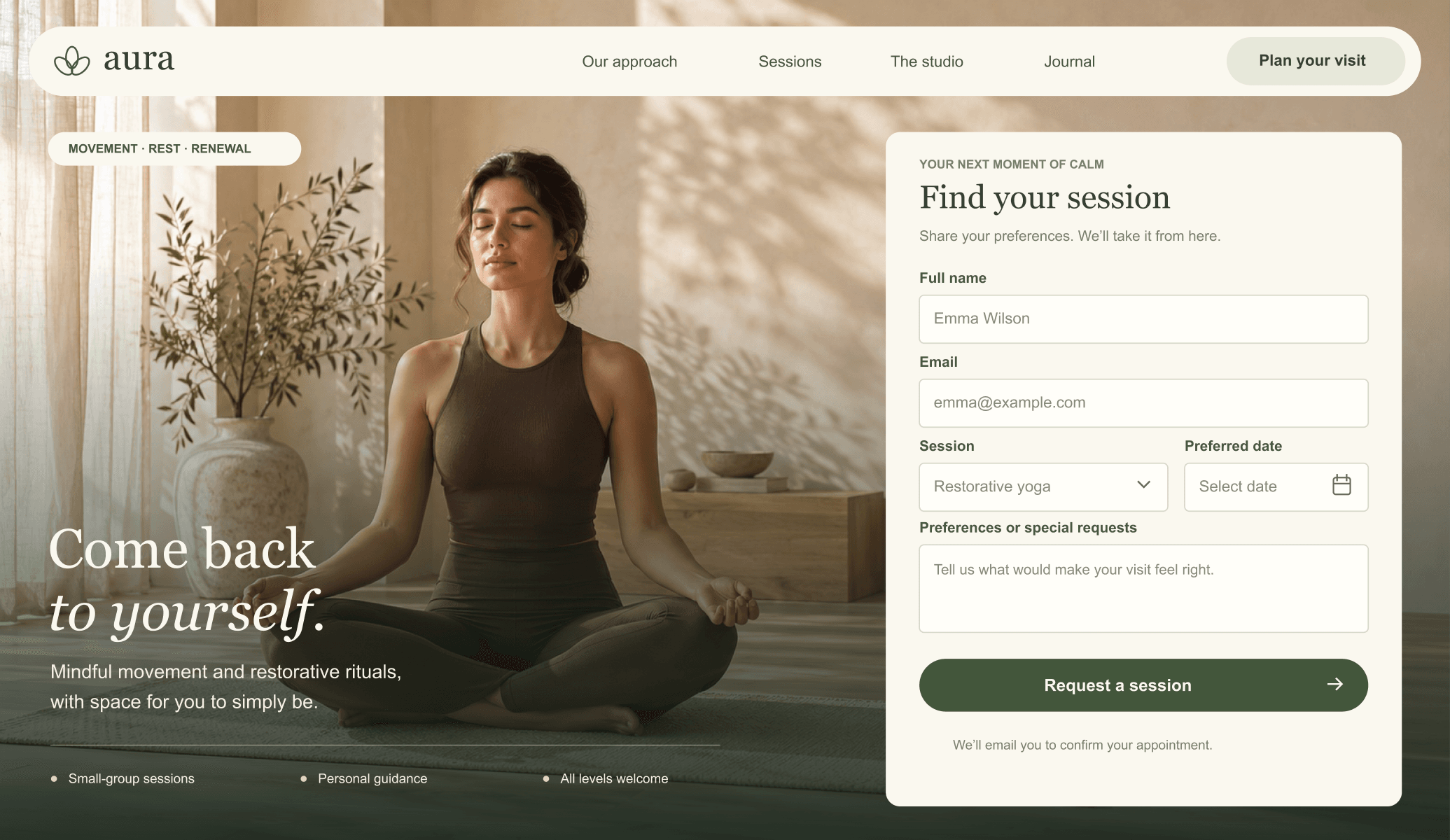 Aura wellness studio website with a session booking form