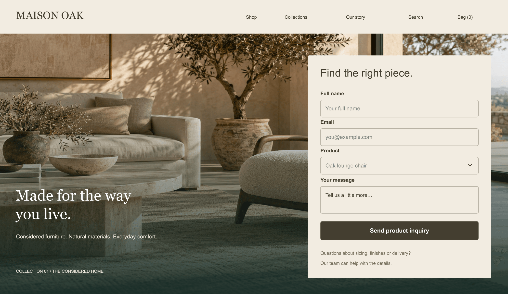 Maison Oak furniture storefront with a product inquiry form