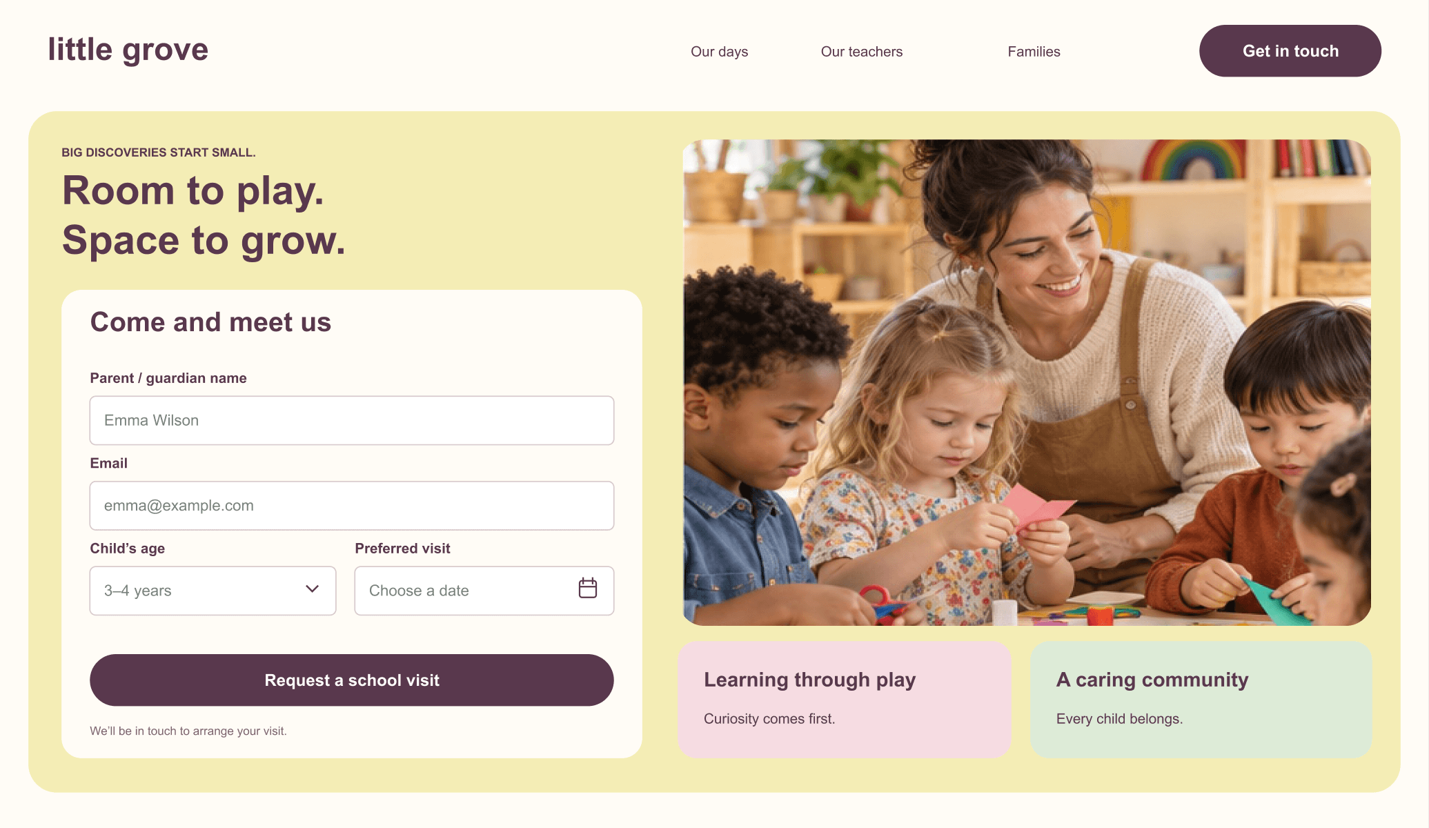Little Grove school website with a school visit request form