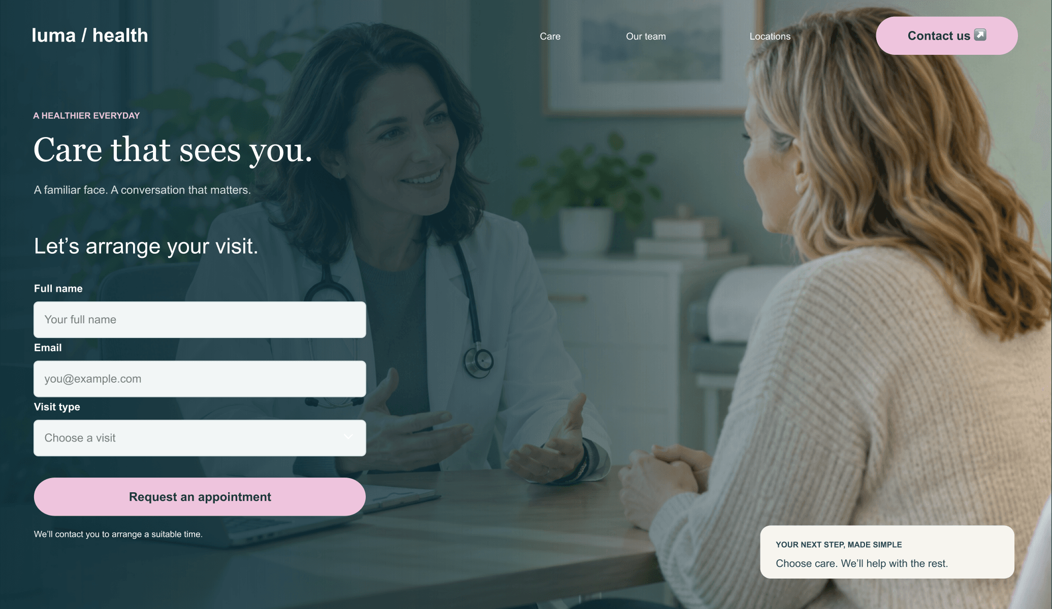 Luma Health clinic website with an appointment request form