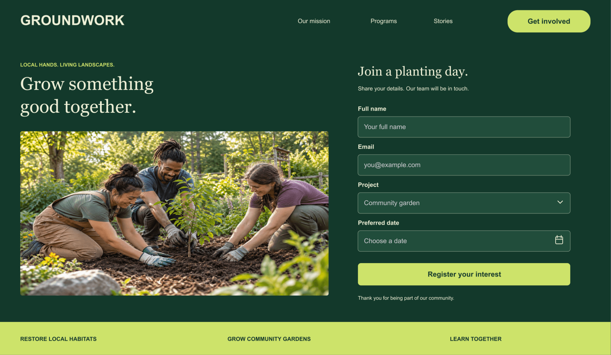 Groundwork nonprofit website with a volunteer interest form