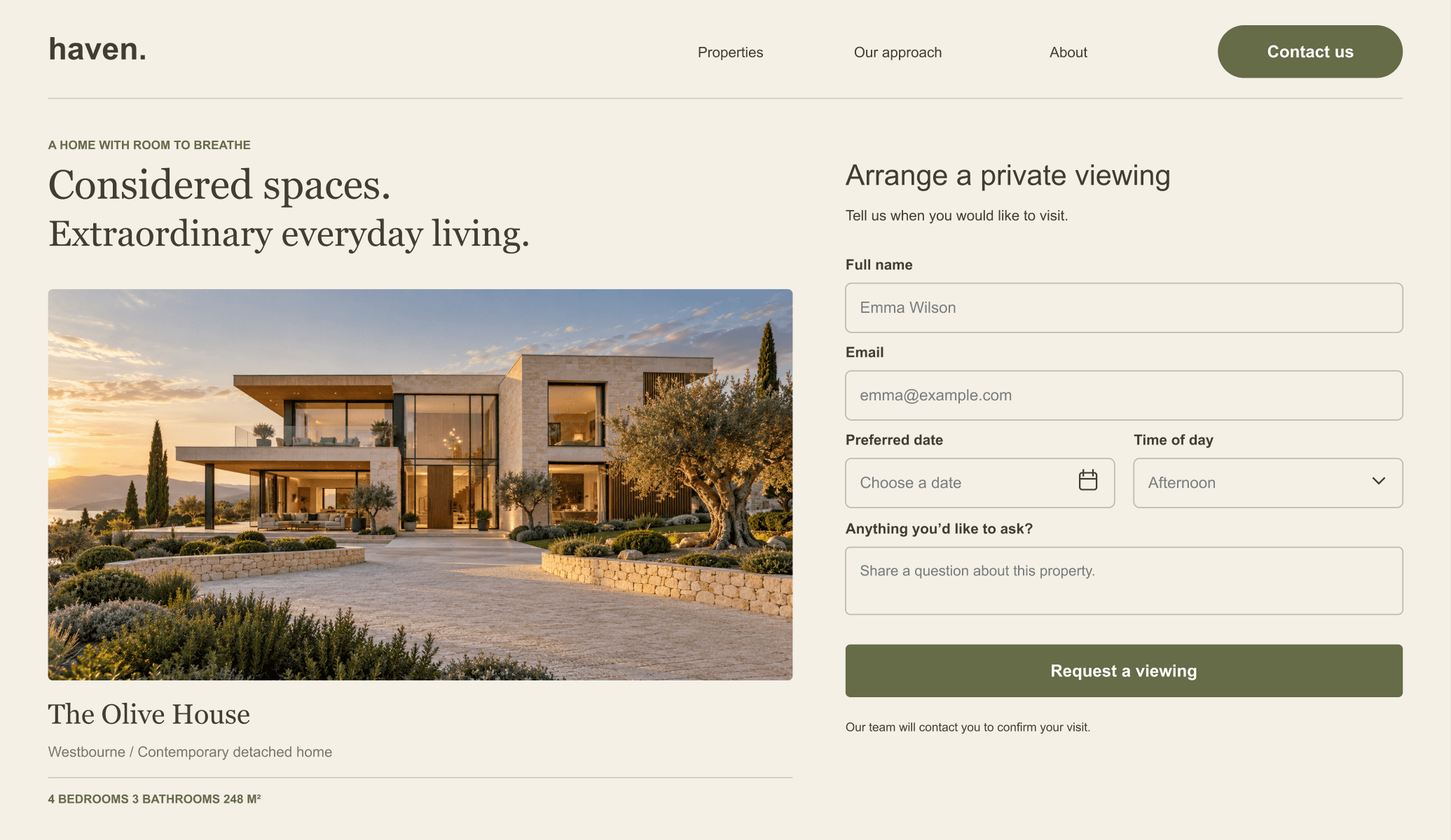 Haven real estate website with a private viewing request form