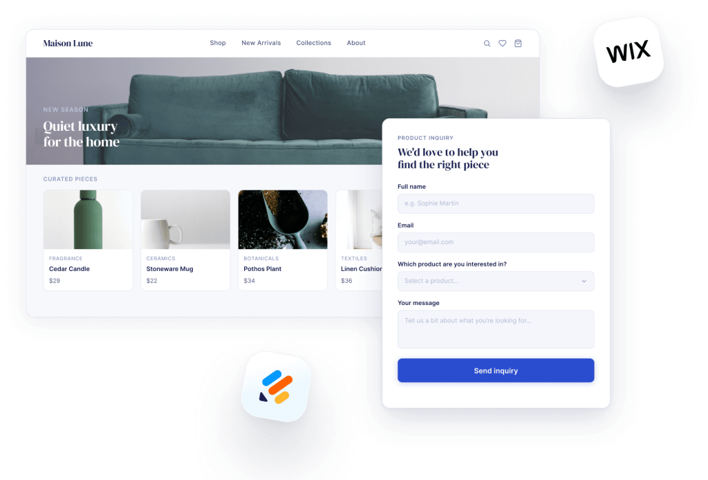 Maison Lune Wix storefront with an embedded Jotform product inquiry form